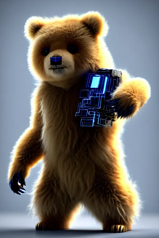 Image similar to high quality 3 d render very cute fluffy cyborg!! bear! plays electronic viola, cyberpunk highly detailed, unreal engine cinematic smooth, in the style of blade runner & detective pikachu, hannah yata charlie immer, moody light, low angle, uhd 8 k, sharp focus