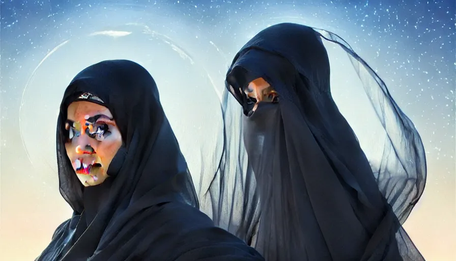 Image similar to Portrait of very very very very very very beautiful Arab woman wearing a Niqab, under giant full moon in the desert, intricate, glowing magical eyes, energy trails, elegant, highly detailed, digital painting, artstation, concept art, smooth, sharp focus, illustration, art by artgerm and greg rutkowski and alphonse mucha