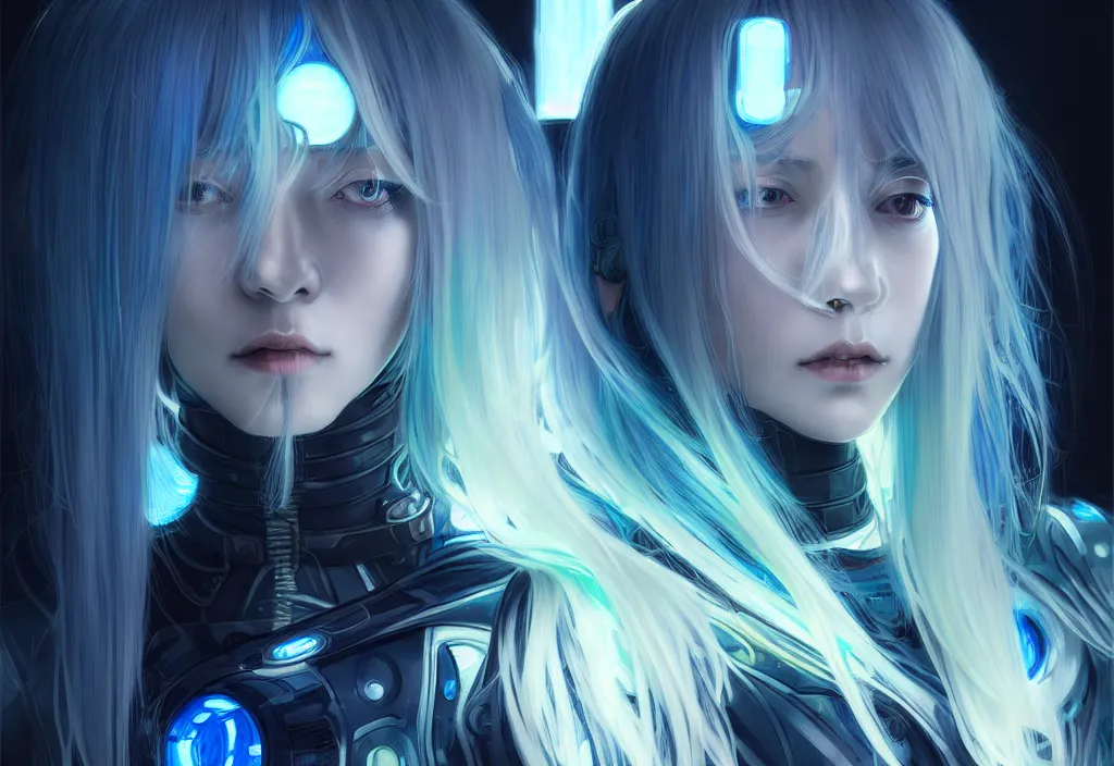 Image similar to portrait grey blue hair of futuristic ploice girl, matt black plus little yellow color armor, ( in future shibuya japan night ), ssci - fi and neon light fantasy, intricate and beautiful and elegant, highly detailed, digital painting, artstation, concept art, smooth and sharp focus, illustration, art by tian zi and wlop and alphonse mucha