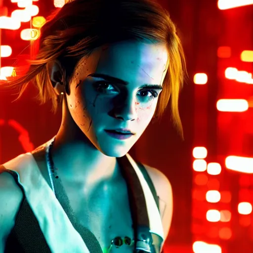 Image similar to photo of emma watson as a cyborg in a cyberpunk city full of multicolor lights, red color scheme, bloom, bokeh, depth of field, robotic limbs, mid full shot, 8k, highly detailed skin, highly detailed face