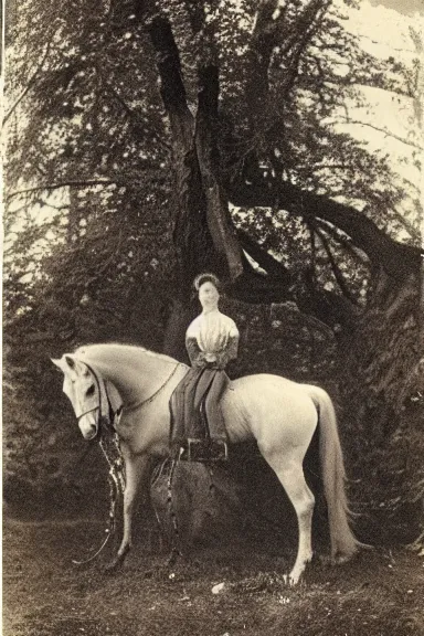 Prompt: an 1800s photo taken from a distance of a horse tangled in the branches of a tree