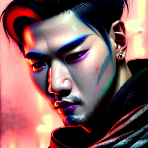 Image similar to portrait painting of a cyberpunk cyborg jackson wang from got 7 with a z tattooed on his forehead, ultra realistic, concept art, intricate details, eerie, highly detailed, photorealistic, octane render, 8 k, unreal engine. art by artgerm and greg rutkowski and magali villeneuve and alphonse mucha