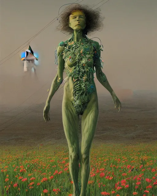 Image similar to A portrait of a woman wearing clothes made out of dying flowers, nuclear explosion in the background, Masterpiece, green skin, glowing, wires everywhere, by Edgar Maxence and Ross Tran, Zdzisław Beksiński, and Michael Whelan, distant, gustav dore, H.R. Giger, 8k, octane render