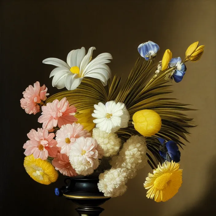 Image similar to still life painting of a beautiful bouquet of flowers by pieter claesz, palm trees in the background, oil on canvas, strong lighting, highly detailed, hyper realism, golden hour, god rays, hd, 4 k