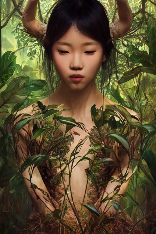 Image similar to stunningly beautiful, asian prima ballerina in jungle, symmetrical face, golden hour, smooth, focus, highly detailed, hyper realistic, dramatic lighting, elegant, intricate, concept art, art by wlop, mars ravelo, greg rutowski