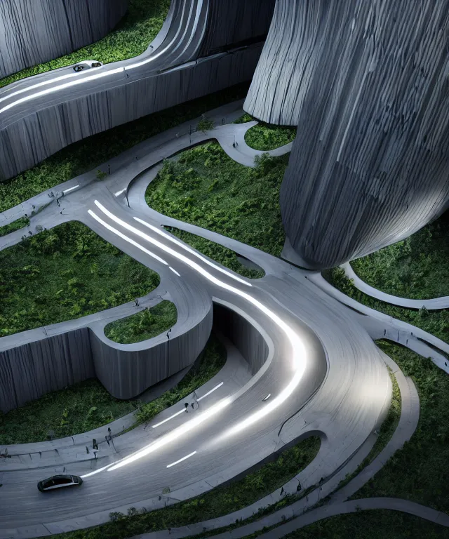 Image similar to denis villeneuve establishing shot of modern bjarke ingels condo building and gotthard tunnel entrance combined, roads tunnel under bjarke ingels condo building, lush nature environment, beautiful lighting, scifi artstation digital concept art, unreal engine, hyper realism, realistic shading, cinematic composition, blender render, octane render, wide shot