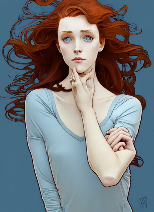 Image similar to art nouveau portrait of a woman with completely straight auburn hair, light blue eyes, pale skin, freckles, sad expression, t - shirt, modern casual clothing, natural lighting, path traced, highly detailed, high quality, cartoon, digital painting, by don bluth and ross tran and studio ghibli and alphonse mucha