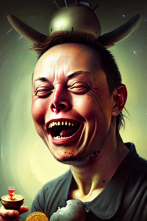 Image similar to hieronymus bosch, greg rutkowski, anna podedworna, painting of elon musk eating bitcoins, insane face, extreme close up, screaming and crying