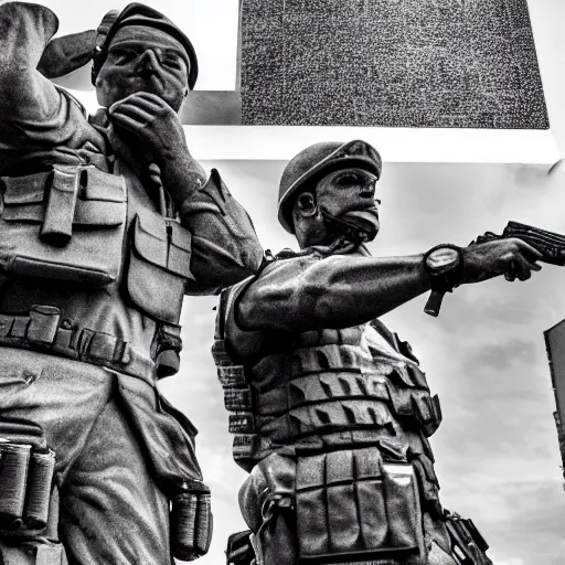 Prompt: the special forces pointing at a peanut statue, security camera, black and white, detailed, realistic, 4k, megalofobia