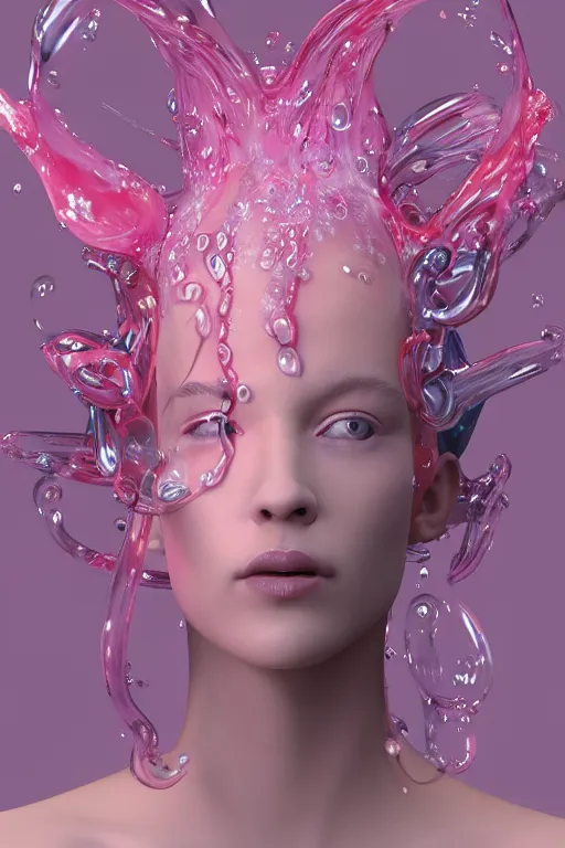 Image similar to epic 3 d abstract model, liquid headdress, 2 0 mm, with pastel pink and cerulean squirming bubbles, melting smoothly into other faces, liquid, delicate, beautiful, intricate, houdini sidefx, trending on artstation, by jeremy mann and ilya kuvshinov, jamie hewlett and ayami kojima