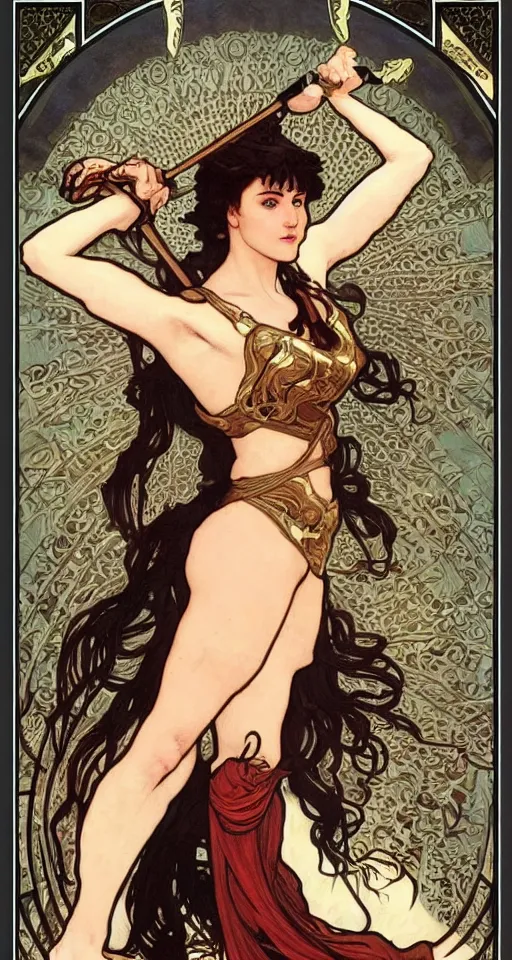 Image similar to Xena Warrior Princess, in the style of Art Nouveau, full-body, bloom, dynamic poses, diaphanous cloth, ornate, filigree, arcane, cinematic lighting, by Alphonse Mucha, by Artgerm, by Bouguereau, by Sakimichan, fantasy, portfolio illustration, highly detailed, trending on Artstation, CGsociety, HQ, 8k, 35mm lens, f2.8, Bokeh,