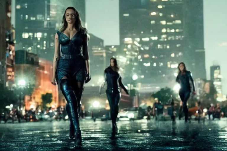Image similar to movie powerful hero team closeup, DC Marvel fashion, VFX powers at night in the city, city street, beautiful skin, natural lighting by Emmanuel Lubezki