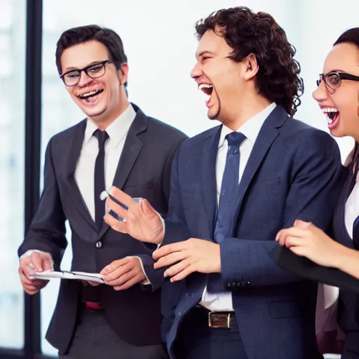 Image similar to stock photo of three people laughing wearing suits and ties in an office building, 8k resolution, full HD, cinematic lighting, award winning, anatomically correct