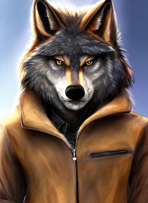 Image similar to award winning beautiful portrait commission of a male furry anthro wolf fursona with a bushy tail and a leather jacket, cute, beautiful, attractive, detailed,