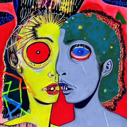 Image similar to beautiful painting of two bizarre psychedelic women kissing each other closeup on an alien planet, speculative evolution, mixed media collage by basquiat and junji ito, magazine collage art, paper collage art, sapphic art, lesbian art