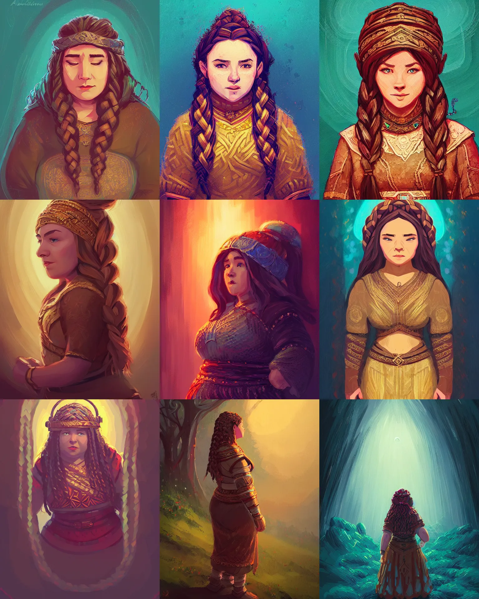 Prompt: female dwarven noblewoman, chubby short stature, braided intricate hair, by alena aenami