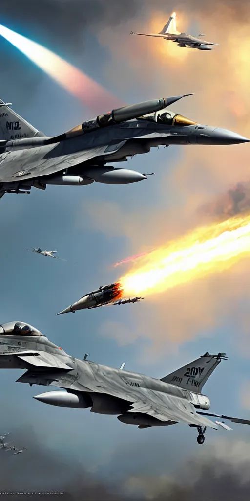 Image similar to f - 1 6 flyby in the style of greg rutkowski and wlop, and lisa frank, and bob ross, and ruan jia, illustration, epic, military aviation, hyper detailed, smooth, unreal engine, sharp focus, ray tracing