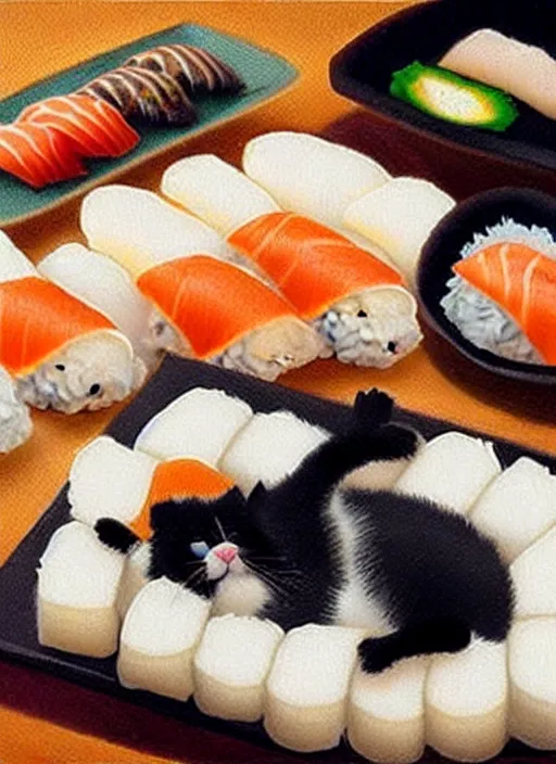 Image similar to clear photorealistic picture of adorable cats made out of sushi