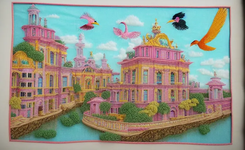 Prompt: building along a river, seen from the long distance. matte paper and embroidery fabric collage. huge flamish baroque maximalist birds flying. highly detailed childrenbook illustration in interesting unusual soft natural pastel tones.