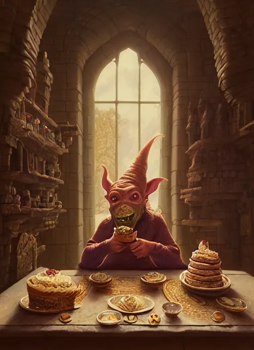 Image similar to highly detailed portrait of a medieval goblin eating cakes in a castle, stephen bliss, unreal engine, greg rutkowski, loish, rhads, beeple, makoto shinkai and lois van baarle, ilya kuvshinov, rossdraws, tom bagshaw, tom whalen, alphonse mucha, global illumination, god rays, detailed and intricate environment