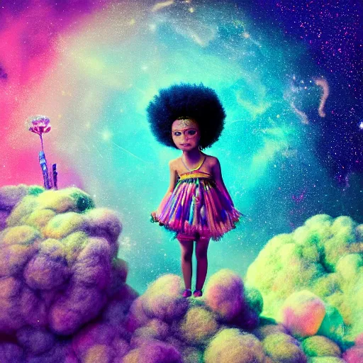 Image similar to a cute little african egyptian princess with a colorful afro sitting on a nebula cloud throne, bright colors, synthwave, watercolor, volumetric wool felting, felt, macro photography, children illustration, global illumination, radiant light, detailed and intricate environment, by goro fujita, bokeh!!!!