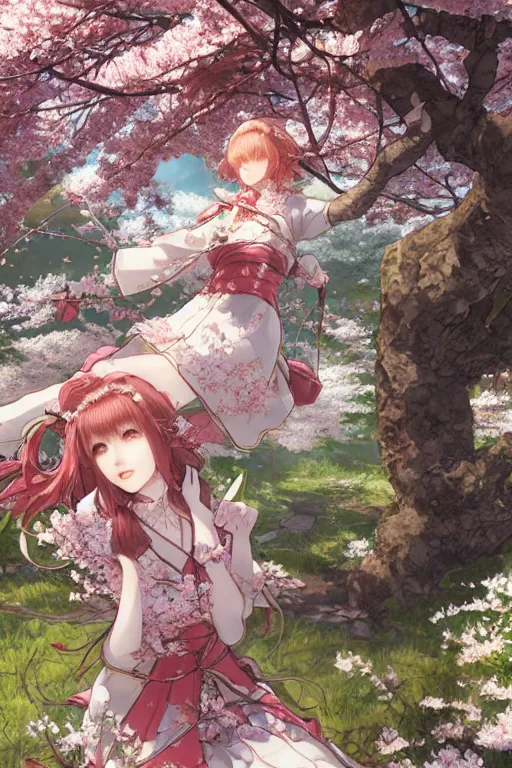 Image similar to the emerald herald under a cherry blossom tree, hidari, color page, tankoban, 4K, tone mapping, Akihiko Yoshida