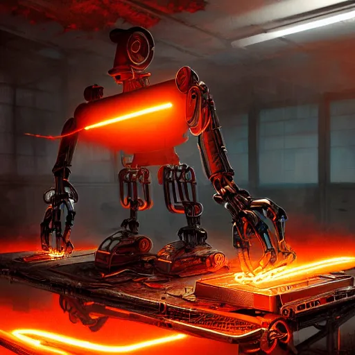 Image similar to toaster oven robot, mechanical, machine, octane render, sharp focus, hyper - realistic, intricate, detailed, eduard pronin, luka mivsek, ruan jia, dark messy smoke - filled cluttered workshop, dark, dramatic lighting, orange tint, sparks, cinematic, highly detailed, sci - fi, futuristic, movie still