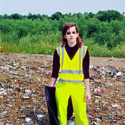 Image similar to emma watson in a hi vis vest picking up trash on the side of the interstate, portrait, kodak gold 2 0 0,