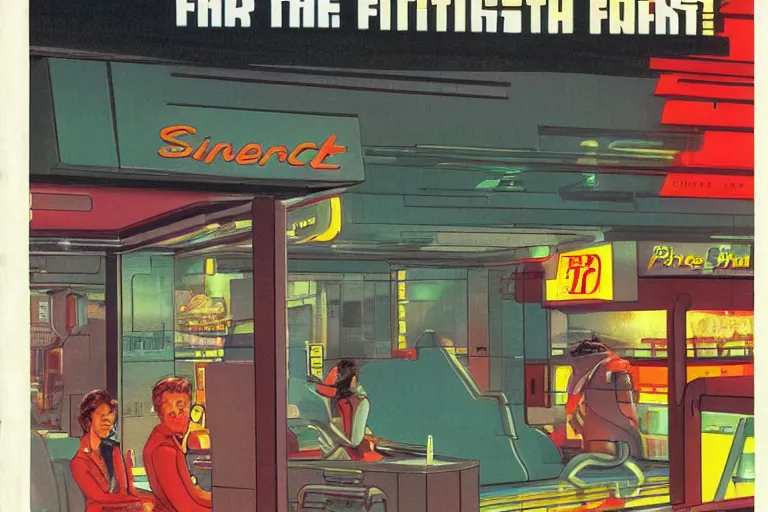 Image similar to 1 9 7 9 science fiction magazine cover depicting a fast food window downtown in neo - tokyo. in the style of bladerunner concept art by syd mead