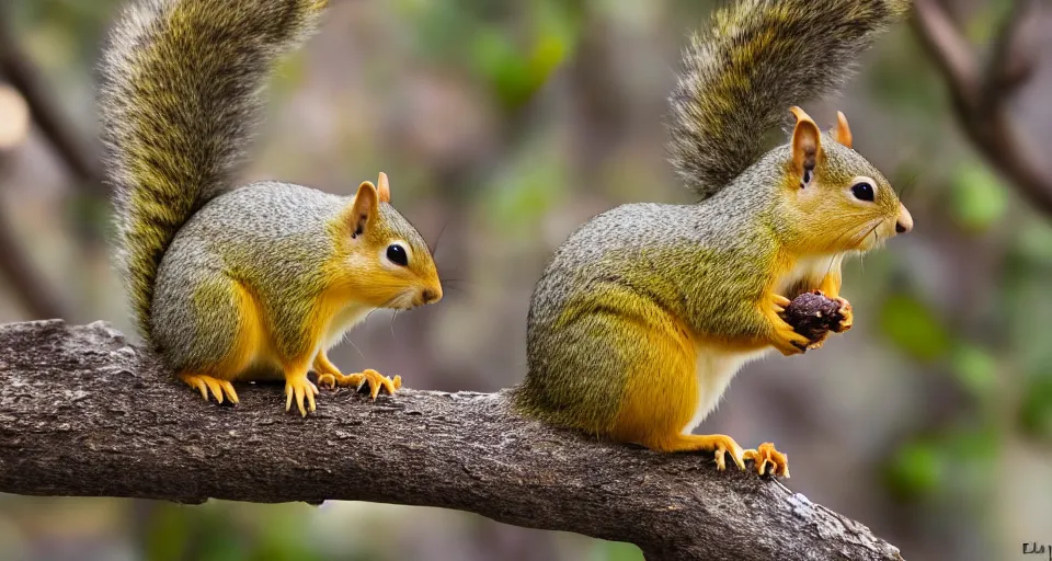 Prompt: yellow squirrel on a tree branch eating!!!!! bananas!!!!! , dslr, 4k, telephoto, f1.8, shallow depth of field