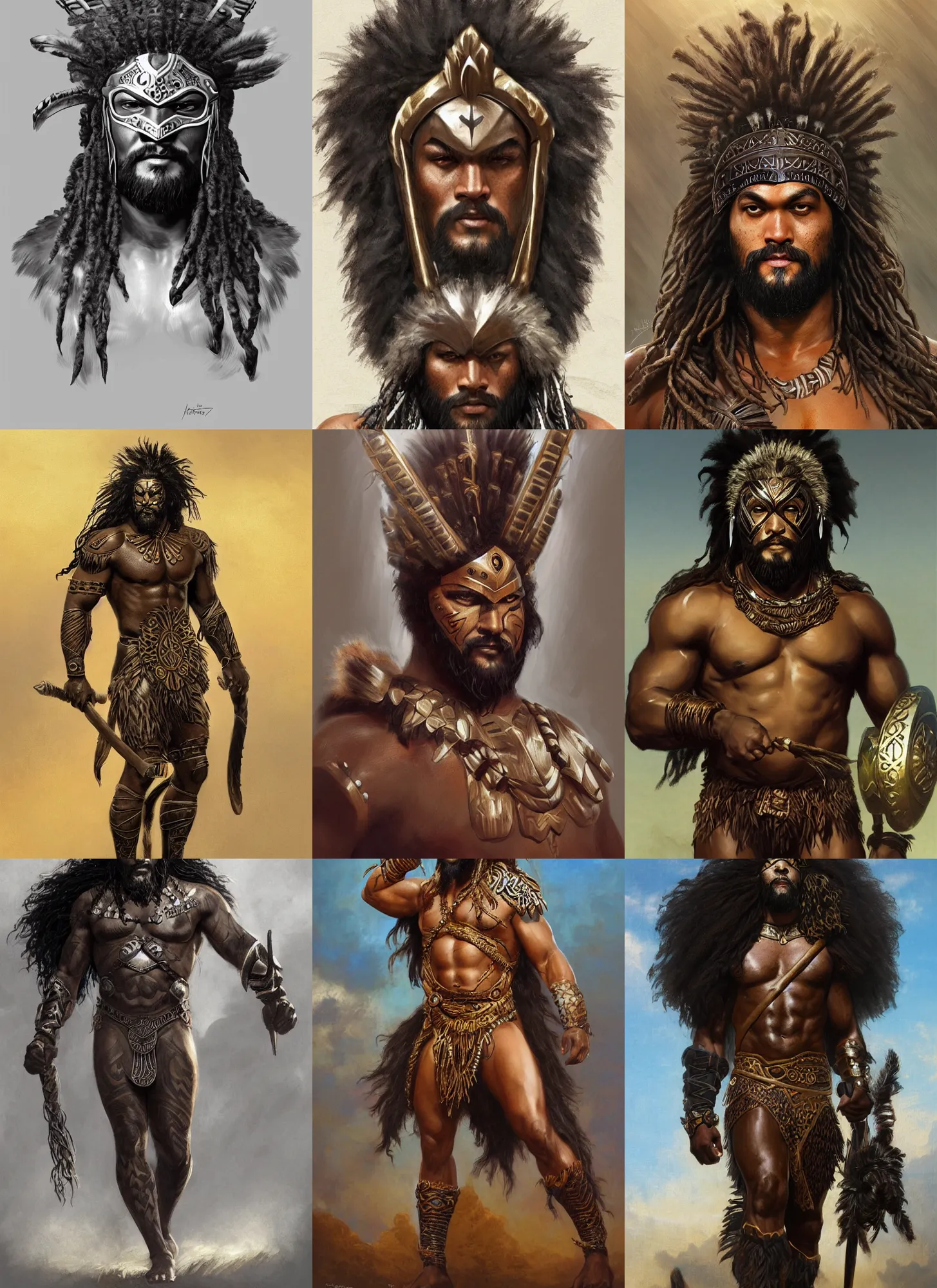 Prompt: black jason momoa as zulu warrior, lion headdress, intricate, elegant, highly detailed, digital painting, artstation, concept art, smooth, sharp focus, illustration, orientalism, bouguereau, rutkowski, mucha