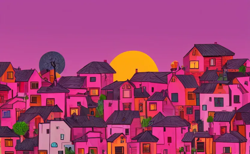 Image similar to village, houses with faces, sunset atmosphere, pink, low contrast, naive, detailed, photorealistic imagery