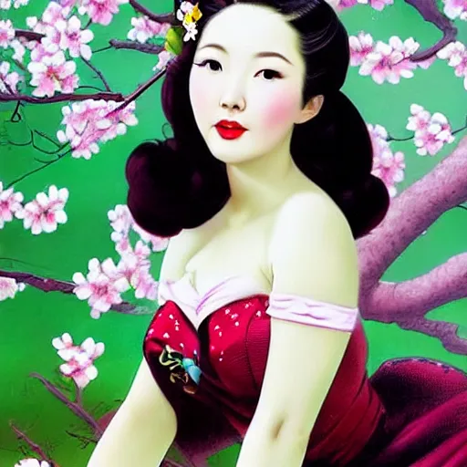 Image similar to pin - up portrait of a beautiful young traditional korean woman, pretty long hair, cherry blossoms, intense flirting, showing curves, symmetrical face, digital art, smooth, extremely detailed, model pose, intense look, dream, gorgeous young model, traditional beauty, pretty, by wu bayard, by gil elvgren, by ralph horsley, by hanks steve