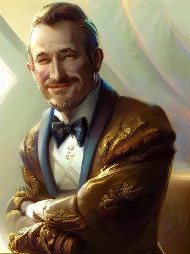 Prompt: a rich noble man smirking. proud crossed arms. siting in his chair intricate, elegant, highly detailed, digital painting, artstation, concept art, sharp focus, illustration, by justin gerard and artgerm, 8 k