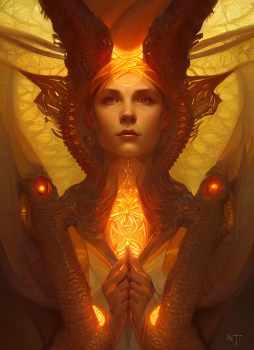 Image similar to symmetry!! portrait of a dragon, fantasy, glowing lights!! intricate, elegant, highly detailed, digital painting, artstation, concept art, smooth, sharp focus, illustration, art by artgerm and greg rutkowski and alphonse mucha