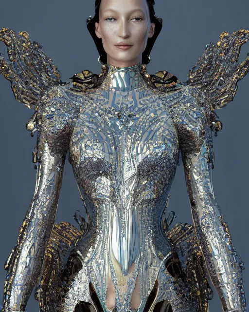 Image similar to a highly detailed metahuman 4 k close up render of an alien goddess bella hadid monument renaissance in iris van herpen dress schiaparelli in diamonds crystals swarovski and jewelry iridescent in style of alphonse mucha gustav klimt trending on artstation made in unreal engine 4