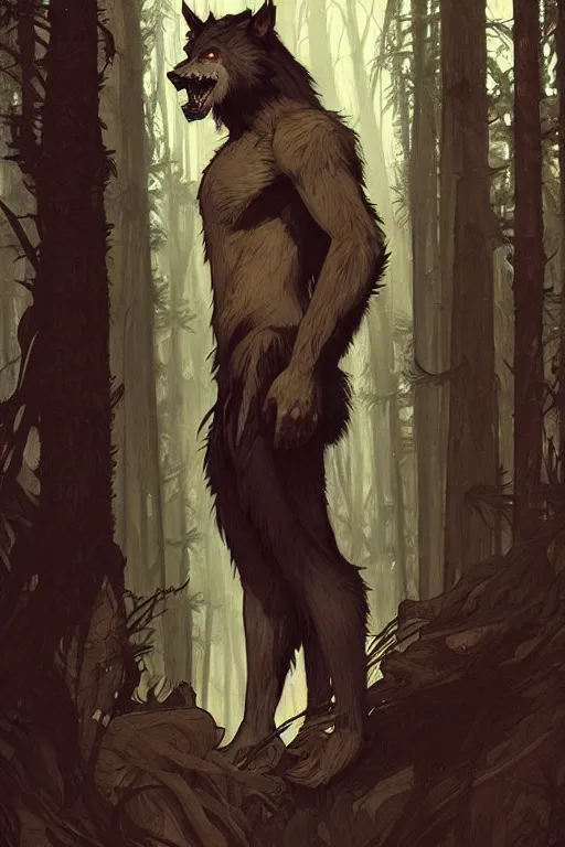 Image similar to fullbody portrait of a male werewolf, bared teeth, long claws, by greg rutkowski and alphonse mucha, gradient brown to silver, in front of a forest at night background, highly detailed portrait, digital painting, artstation, concept art, smooth, sharp focus illustration