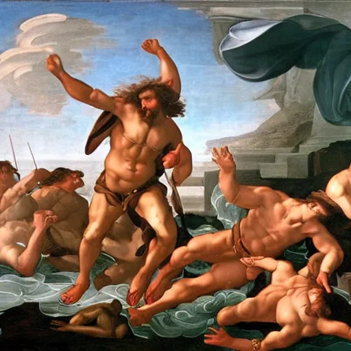 Prompt: Odysseus pissing off Poseidon , renaissance painting