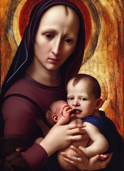 Prompt: realistic detailed 8k photo of futuristic holy cyborg-mother holding a newborn baby child in hands by Raphael Santi, Neo-Gothic, gothic, rich deep colors. masterpiece