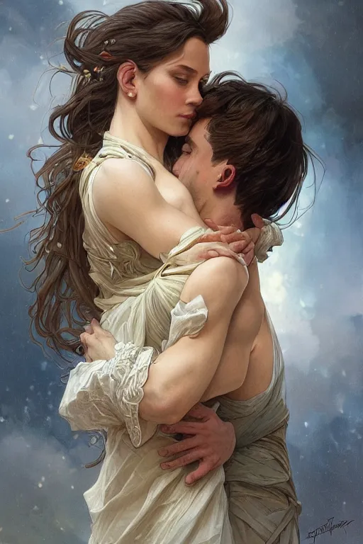 Prompt: portrait of a man in dhl van hugging his wife, feelings, romantic, fantasy, intricate, elegant, highly detailed, digital painting, artstation, concept art, smooth, sharp focus, illustration, art by artgerm and greg rutkowski and alphonse mucha