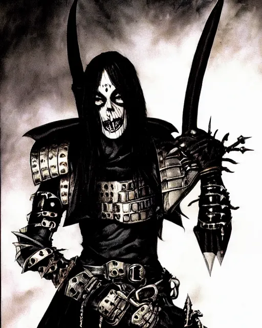 Image similar to portrait of a skinny punk goth thief wearing armor by simon bisley, john blance, frank frazetta, fantasy, barbarian, hardcore