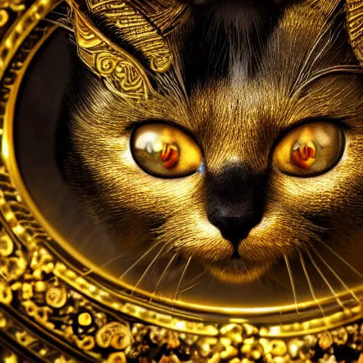 Image similar to black void cat with golden glowing eyes, fairytale, beautiful, intricate, elegant, ornate, super detailed, Octane render, reflections