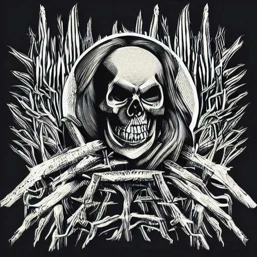 Image similar to dark death metal themed vector illustration for a record label, trees. forest, spikes, skull, microphone, skull, award winning, grunge, iconic, golden ratio