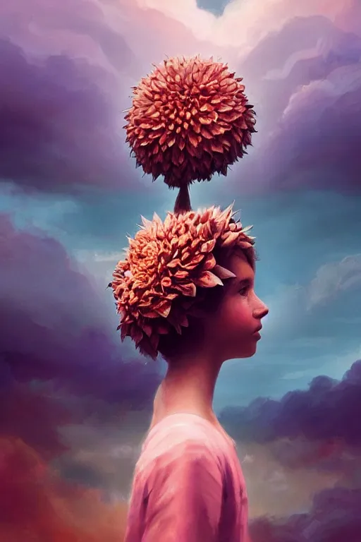 Prompt: closeup giant dahlia flower crown as head, girl standing on mountain, surreal photography, blue storm clouds, dramatic light, impressionist painting, digital painting, artstation, simon stalenhag