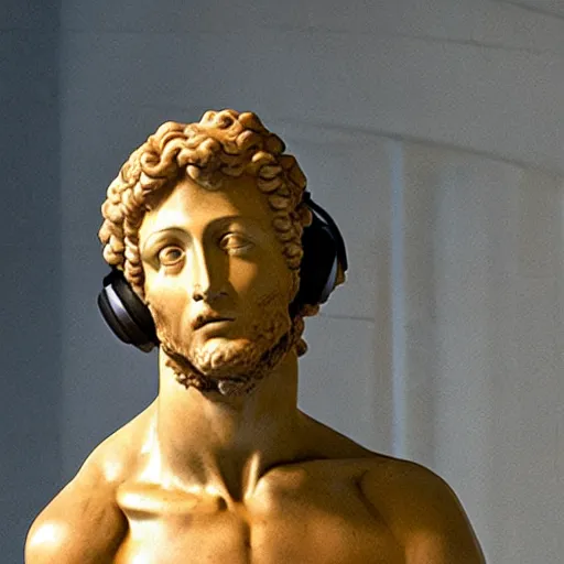 Image similar to A photo of Michelangelo’s sculpture of David wearing headphones DJing