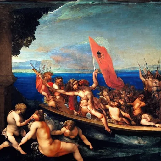 Prompt: A battle between alcibiades and pompey the great in the Great Barrier Reef, renaissance painting, in the style of titian