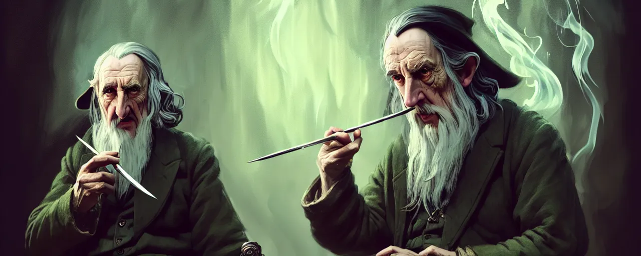 Prompt: duotone concept illustration 3 / 4 portrait of jrr tolkien in hobbit house smoking pipe with gandalf in rustical style. cinematic volumentric lighting. accidental renaissance. by sachin teng and sergey kolesov and ruan jia and heng z. graffiti art, scifi, fantasy, hyper detailed. octane render. concept art. trending on artstation