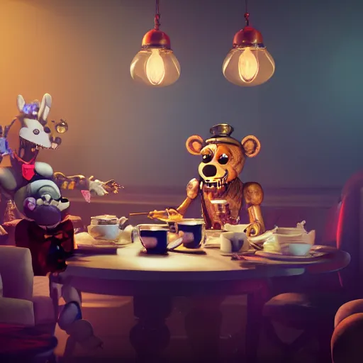 Image similar to a five nights at freddy's animatronic having an intense tea party with the queen of england, octane render / source, oil painting, trending on artstation, rossdraws