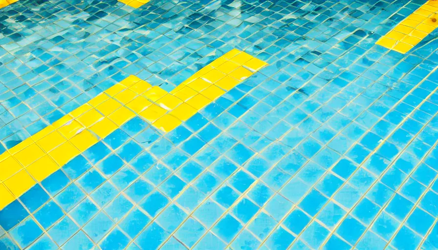 Image similar to movie still of an empty municipal swimmingpool with yellow tiles with light blue tiles, high quality, high detail, liminal space style