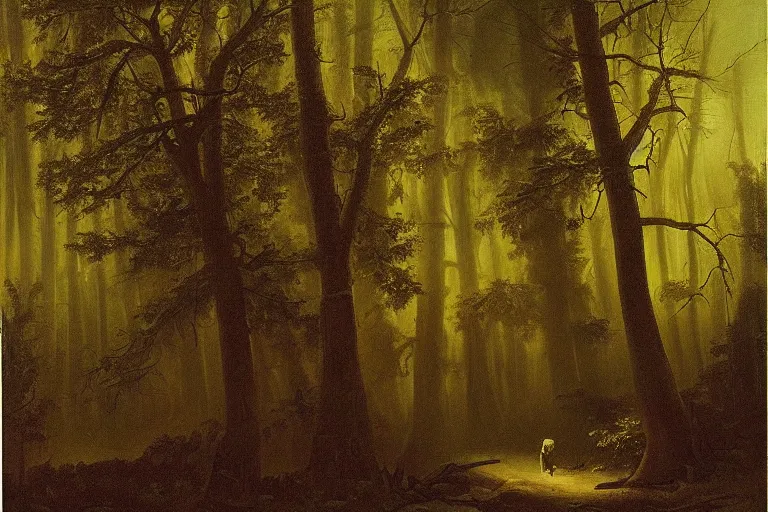 Prompt: dark and spooky painting of a forest dimly lit at night with a scary wolfman in the woods. muted colour palette, detailed oil painting by asher brown durand